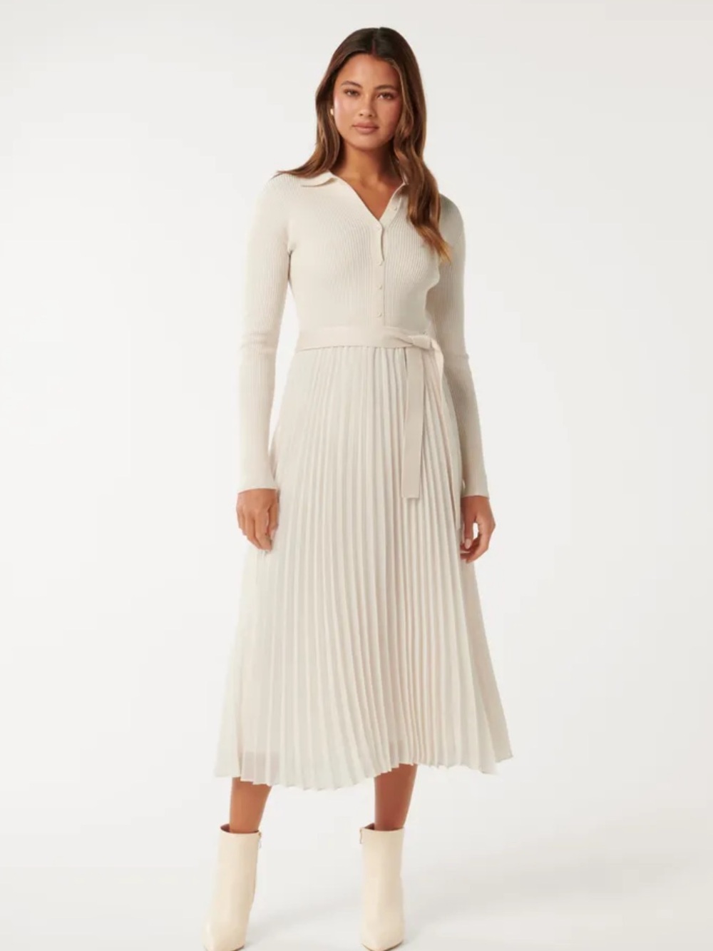 Ever New Molly Pleat Hem Polo Collar Knit Midi Dress. Cream. Size 4. NWT.